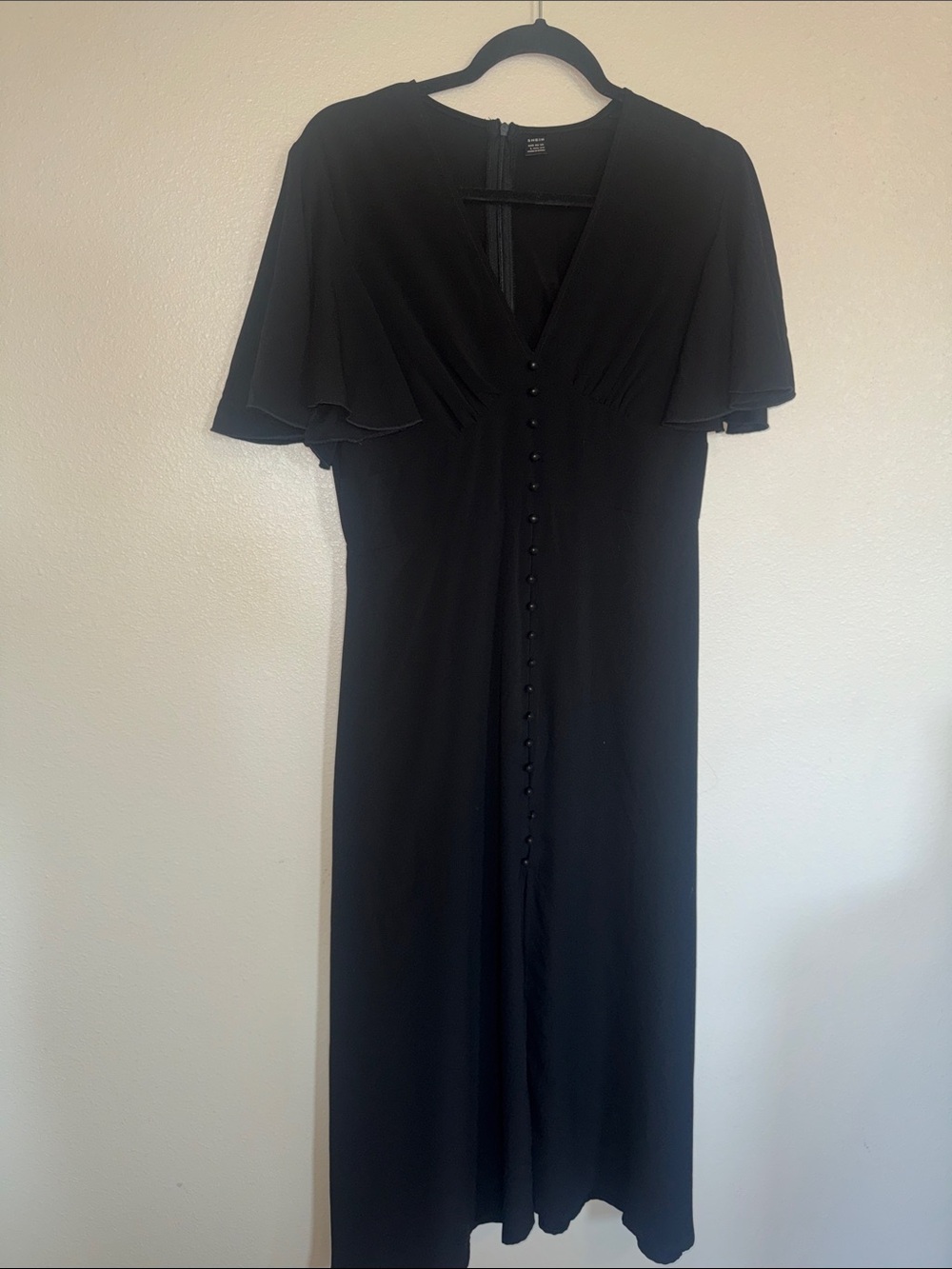 SHEIN Black V-Neck Midi Dress with Button-Front and Flutter Sleeves